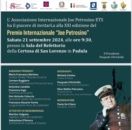 Tutto pronto per la XXI edizione del Premio internazionale Joe Petrosino