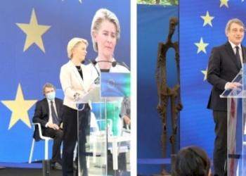 Ex-campo di prigionia di Fossoli: Von der Leyen e Sassoli parlano davanti le sculture di Cavallini dove fu imprigionato nel ’43