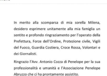 Ringrazio tutti coloro che si sono prodigati per le ricerche di mia sorella Milena